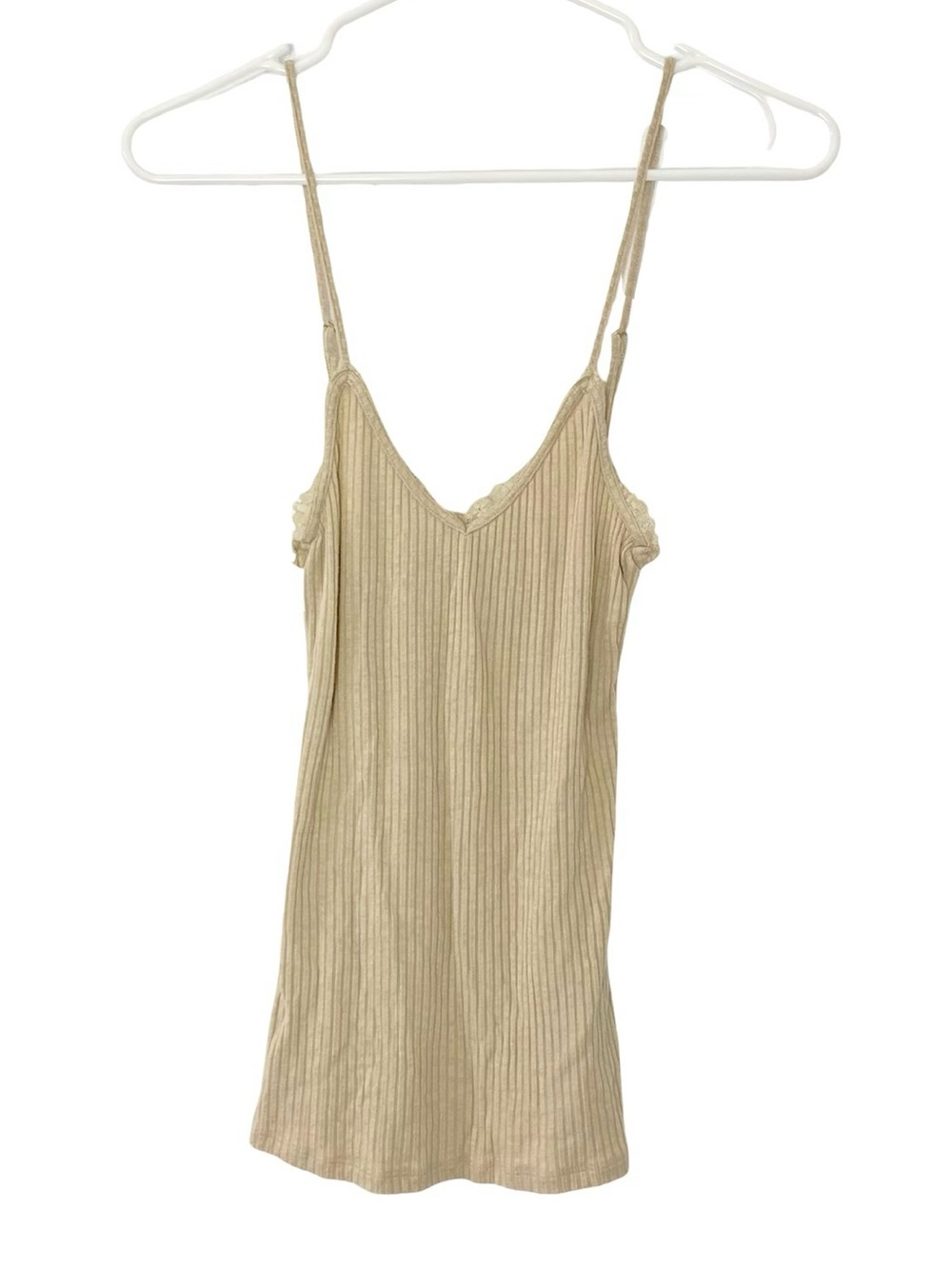 Rouje Paris Lio Tank Top Cami Womens Size 4 Small 36 Beige Tan Lace Trim Ribbed